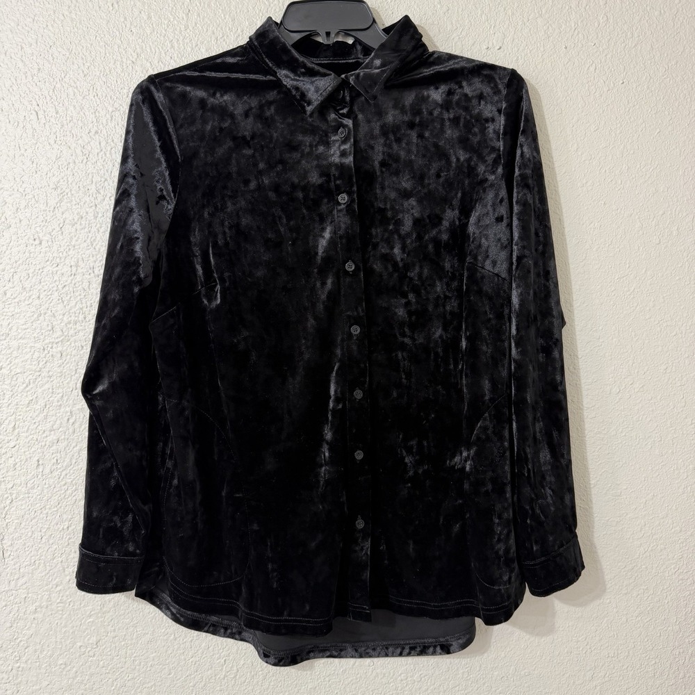 Belle Kim Gravel L Women's Longsleeve Button Blouse Velvet Black Dressy